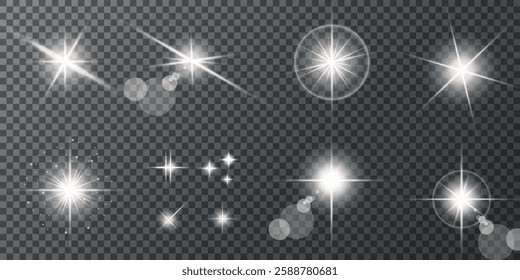 Glowing light bursts with sparks. A set of radiant glow effects, lens flare, explosion, brilliance, light streaks, solar flare, spark, and star. A stunning abstract image of bright flashes and shimmer