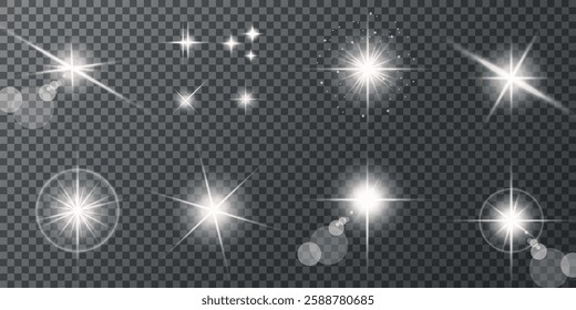 Glowing light bursts with sparks. A set of radiant glow effects, lens flare, explosion, brilliance, light streaks, solar flare, spark, and star. A stunning abstract image of bright flashes and shimmer