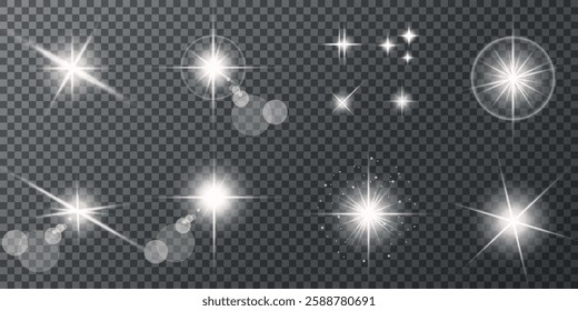 Glowing light bursts with sparks. A set of radiant glow effects, lens flare, explosion, brilliance, light streaks, solar flare, spark, and star. A stunning abstract image of bright flashes and shimmer