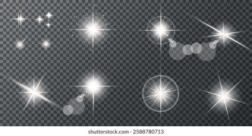 Glowing light bursts with sparks. A set of radiant glow effects, lens flare, explosion, brilliance, light streaks, solar flare, spark, and star. A stunning abstract image of bright flashes and shimmer