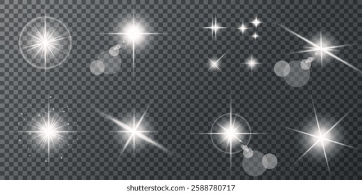 Glowing light bursts with sparks. A set of radiant glow effects, lens flare, explosion, brilliance, light streaks, solar flare, spark, and star. A stunning abstract image of bright flashes and shimmer
