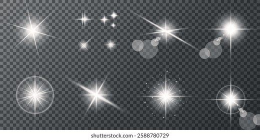 Glowing light bursts with sparks. A set of radiant glow effects, lens flare, explosion, brilliance, light streaks, solar flare, spark, and star. A stunning abstract image of bright flashes and shimmer