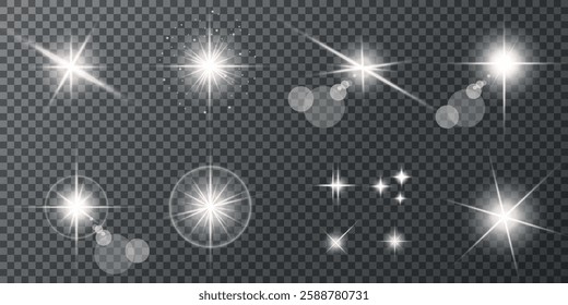 Glowing light bursts with sparks. A set of radiant glow effects, lens flare, explosion, brilliance, light streaks, solar flare, spark, and star. A stunning abstract image of bright flashes and shimmer