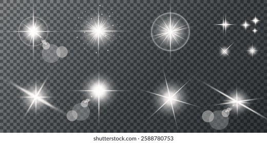 Glowing light bursts with sparks. A set of radiant glow effects, lens flare, explosion, brilliance, light streaks, solar flare, spark, and star. A stunning abstract image of bright flashes and shimmer