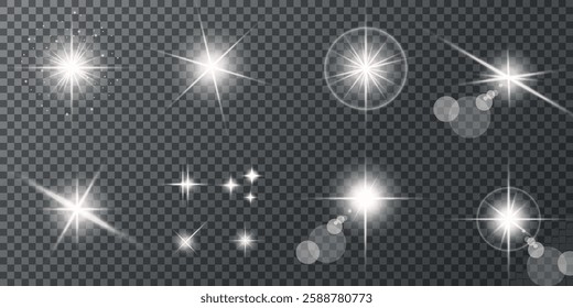 Glowing light bursts with sparks. A set of radiant glow effects, lens flare, explosion, brilliance, light streaks, solar flare, spark, and star. A stunning abstract image of bright flashes and shimmer