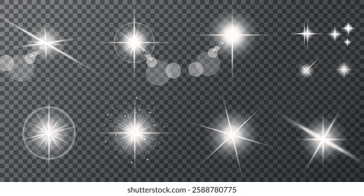 Glowing light bursts with sparks. A set of radiant glow effects, lens flare, explosion, brilliance, light streaks, solar flare, spark, and star. A stunning abstract image of bright flashes and shimmer