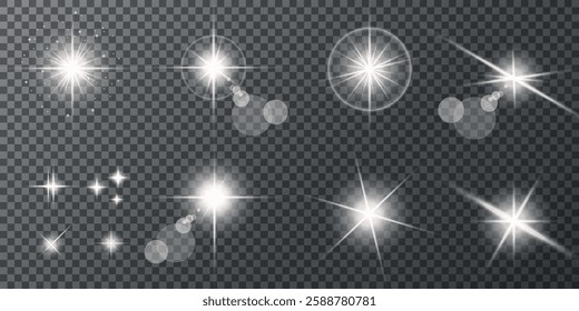 Glowing light bursts with sparks. A set of radiant glow effects, lens flare, explosion, brilliance, light streaks, solar flare, spark, and star. A stunning abstract image of bright flashes and shimmer
