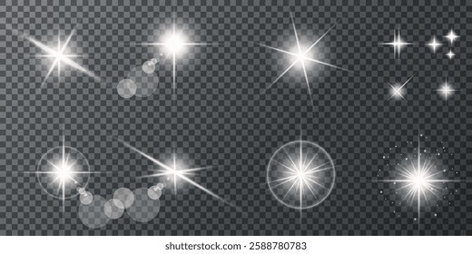 Glowing light bursts with sparks. A set of radiant glow effects, lens flare, explosion, brilliance, light streaks, solar flare, spark, and star. A stunning abstract image of bright flashes and shimmer