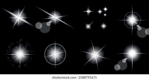 Glowing light bursts with sparks. A set of radiant glow effects, lens flare, explosion, brilliance, light streaks, solar flare, spark, and star. A stunning abstract image of bright flashes and shimmer