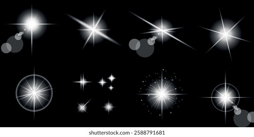 Glowing light bursts with sparks. A set of radiant glow effects, lens flare, explosion, brilliance, light streaks, solar flare, spark, and star. A stunning abstract image of bright flashes and shimmer