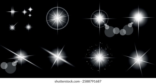 Glowing light bursts with sparks. A set of radiant glow effects, lens flare, explosion, brilliance, light streaks, solar flare, spark, and star. A stunning abstract image of bright flashes and shimmer