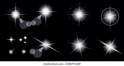 Glowing light bursts with sparks. A set of radiant glow effects, lens flare, explosion, brilliance, light streaks, solar flare, spark, and star. A stunning abstract image of bright flashes and shimmer
