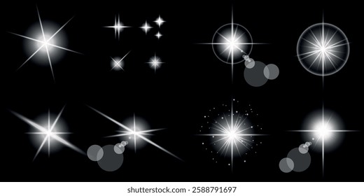 Glowing light bursts with sparks. A set of radiant glow effects, lens flare, explosion, brilliance, light streaks, solar flare, spark, and star. A stunning abstract image of bright flashes and shimmer