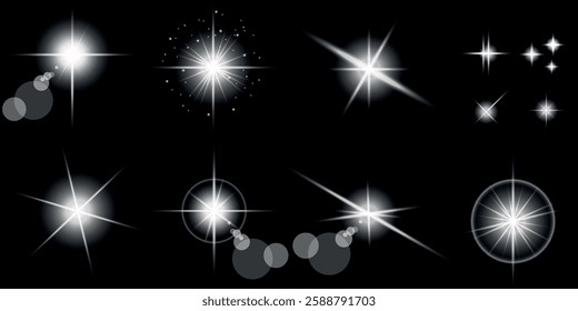 Glowing light bursts with sparks. A set of radiant glow effects, lens flare, explosion, brilliance, light streaks, solar flare, spark, and star. A stunning abstract image of bright flashes and shimmer