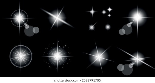 Glowing light bursts with sparks. A set of radiant glow effects, lens flare, explosion, brilliance, light streaks, solar flare, spark, and star. A stunning abstract image of bright flashes and shimmer