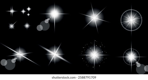 Glowing light bursts with sparks. A set of radiant glow effects, lens flare, explosion, brilliance, light streaks, solar flare, spark, and star. A stunning abstract image of bright flashes and shimmer