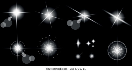 Glowing light bursts with sparks. A set of radiant glow effects, lens flare, explosion, brilliance, light streaks, solar flare, spark, and star. A stunning abstract image of bright flashes and shimmer