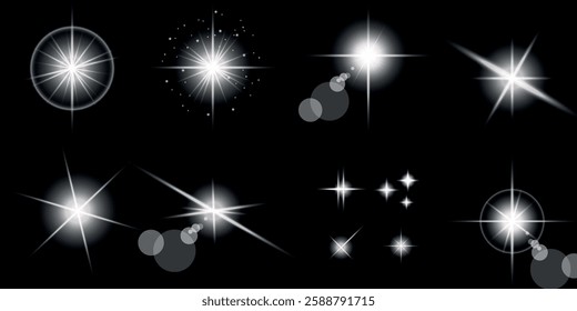 Glowing light bursts with sparks. A set of radiant glow effects, lens flare, explosion, brilliance, light streaks, solar flare, spark, and star. A stunning abstract image of bright flashes and shimmer