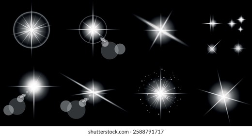 Glowing light bursts with sparks. A set of radiant glow effects, lens flare, explosion, brilliance, light streaks, solar flare, spark, and star. A stunning abstract image of bright flashes and shimmer