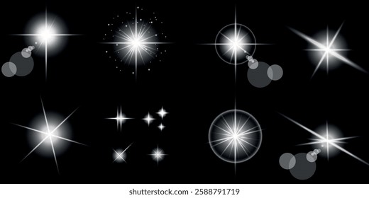 Glowing light bursts with sparks. A set of radiant glow effects, lens flare, explosion, brilliance, light streaks, solar flare, spark, and star. A stunning abstract image of bright flashes and shimmer