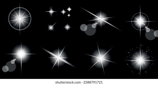 Glowing light bursts with sparks. A set of radiant glow effects, lens flare, explosion, brilliance, light streaks, solar flare, spark, and star. A stunning abstract image of bright flashes and shimmer