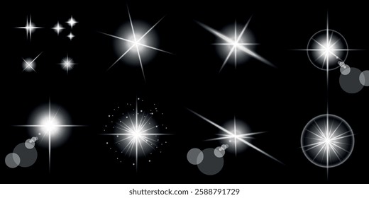 Glowing light bursts with sparks. A set of radiant glow effects, lens flare, explosion, brilliance, light streaks, solar flare, spark, and star. A stunning abstract image of bright flashes and shimmer