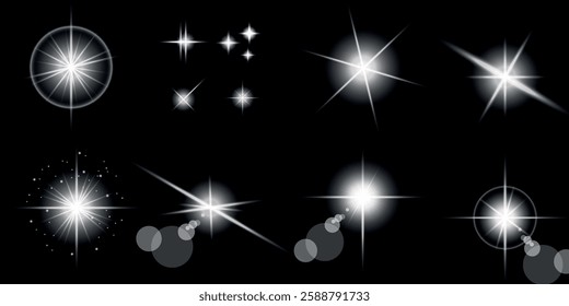 Glowing light bursts with sparks. A set of radiant glow effects, lens flare, explosion, brilliance, light streaks, solar flare, spark, and star. A stunning abstract image of bright flashes and shimmer