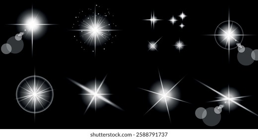 Glowing light bursts with sparks. A set of radiant glow effects, lens flare, explosion, brilliance, light streaks, solar flare, spark, and star. A stunning abstract image of bright flashes and shimmer