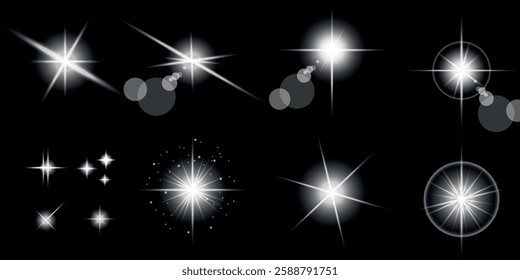 Glowing light bursts with sparks. A set of radiant glow effects, lens flare, explosion, brilliance, light streaks, solar flare, spark, and star. A stunning abstract image of bright flashes and shimmer