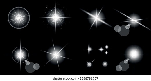 Glowing light bursts with sparks. A set of radiant glow effects, lens flare, explosion, brilliance, light streaks, solar flare, spark, and star. A stunning abstract image of bright flashes and shimmer