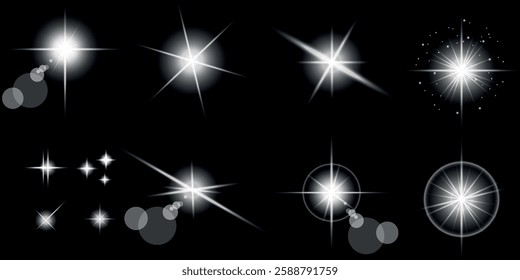 Glowing light bursts with sparks. A set of radiant glow effects, lens flare, explosion, brilliance, light streaks, solar flare, spark, and star. A stunning abstract image of bright flashes and shimmer