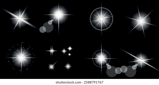 Glowing light bursts with sparks. A set of radiant glow effects, lens flare, explosion, brilliance, light streaks, solar flare, spark, and star. A stunning abstract image of bright flashes and shimmer