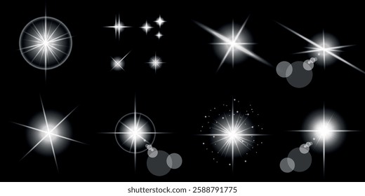 Glowing light bursts with sparks. A set of radiant glow effects, lens flare, explosion, brilliance, light streaks, solar flare, spark, and star. A stunning abstract image of bright flashes and shimmer