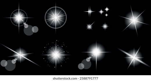 Glowing light bursts with sparks. A set of radiant glow effects, lens flare, explosion, brilliance, light streaks, solar flare, spark, and star. A stunning abstract image of bright flashes and shimmer
