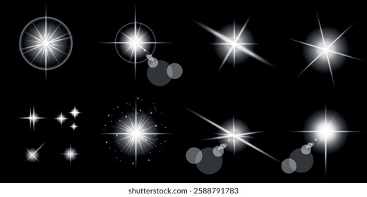 Glowing light bursts with sparks. A set of radiant glow effects, lens flare, explosion, brilliance, light streaks, solar flare, spark, and star. A stunning abstract image of bright flashes and shimmer