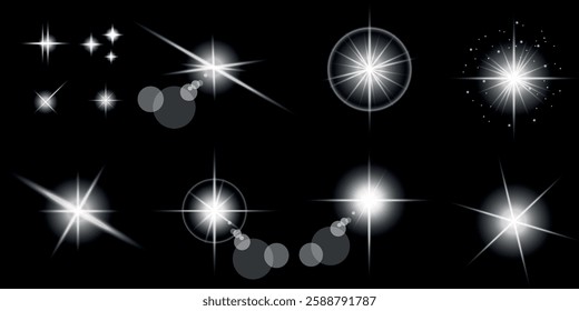 Glowing light bursts with sparks. A set of radiant glow effects, lens flare, explosion, brilliance, light streaks, solar flare, spark, and star. A stunning abstract image of bright flashes and shimmer