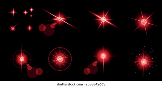 Glowing light bursts with sparks. A set of radiant glow effects, lens flare, explosion, brilliance, light streaks, solar flare, spark, and star. A stunning abstract image of bright flashes and shimmer