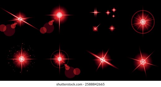 Glowing light bursts with sparks. A set of radiant glow effects, lens flare, explosion, brilliance, light streaks, solar flare, spark, and star. A stunning abstract image of bright flashes and shimmer