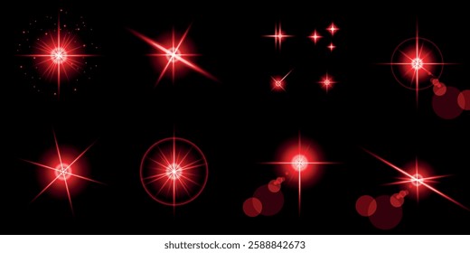 Glowing light bursts with sparks. A set of radiant glow effects, lens flare, explosion, brilliance, light streaks, solar flare, spark, and star. A stunning abstract image of bright flashes and shimmer