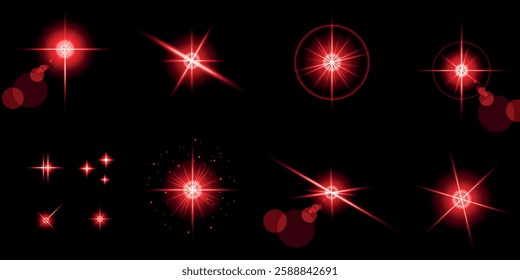 Glowing light bursts with sparks. A set of radiant glow effects, lens flare, explosion, brilliance, light streaks, solar flare, spark, and star. A stunning abstract image of bright flashes and shimmer