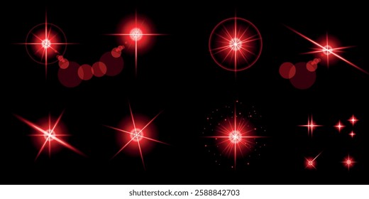 Glowing light bursts with sparks. A set of radiant glow effects, lens flare, explosion, brilliance, light streaks, solar flare, spark, and star. A stunning abstract image of bright flashes and shimmer