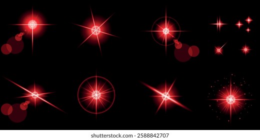 Glowing light bursts with sparks. A set of radiant glow effects, lens flare, explosion, brilliance, light streaks, solar flare, spark, and star. A stunning abstract image of bright flashes and shimmer