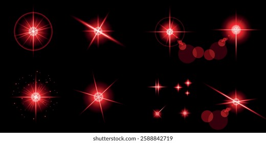 Glowing light bursts with sparks. A set of radiant glow effects, lens flare, explosion, brilliance, light streaks, solar flare, spark, and star. A stunning abstract image of bright flashes and shimmer