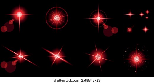 Glowing light bursts with sparks. A set of radiant glow effects, lens flare, explosion, brilliance, light streaks, solar flare, spark, and star. A stunning abstract image of bright flashes and shimmer