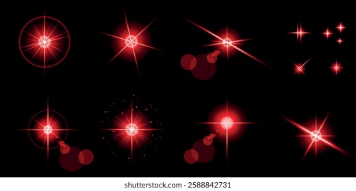 Glowing light bursts with sparks. A set of radiant glow effects, lens flare, explosion, brilliance, light streaks, solar flare, spark, and star. A stunning abstract image of bright flashes and shimmer