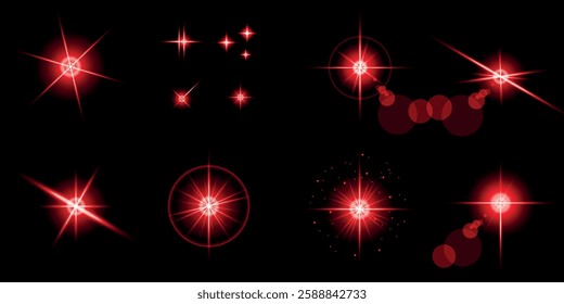 Glowing light bursts with sparks. A set of radiant glow effects, lens flare, explosion, brilliance, light streaks, solar flare, spark, and star. A stunning abstract image of bright flashes and shimmer