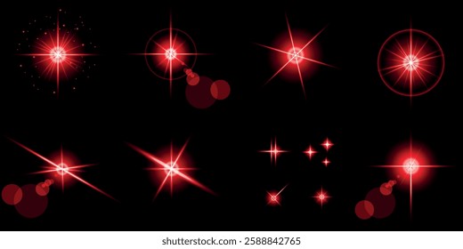 Glowing light bursts with sparks. A set of radiant glow effects, lens flare, explosion, brilliance, light streaks, solar flare, spark, and star. A stunning abstract image of bright flashes and shimmer