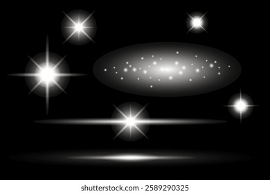 Glowing light bursts with sparks. A set of radiant glow effects, lens flare, explosion, brilliance, light streaks, solar flare, spark, and star. A stunning abstract image of bright flashes and shimmer
