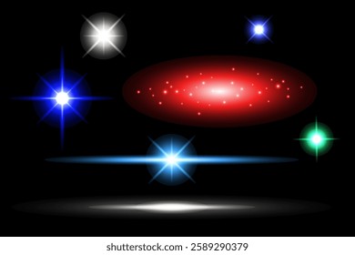 Glowing light bursts with sparks. A set of radiant glow effects, lens flare, explosion, brilliance, light streaks, solar flare, spark, and star. A stunning abstract image of bright flashes and shimmer