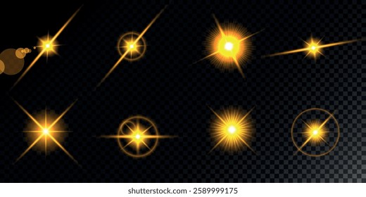 Glowing light bursts with sparks. A set of radiant glow effects, lens flare, explosion, brilliance, light streaks, solar flare, spark, and star.